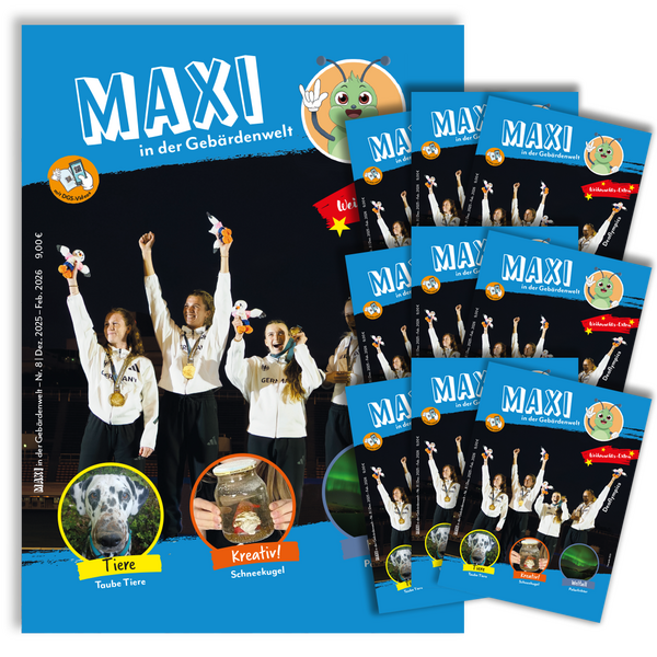 Das Bild zeigt groß die achte Ausgabe der MAXI-Zeitschrift. Daneben sind neun weitere Hefte der gleichen Ausgabe zu sehen.