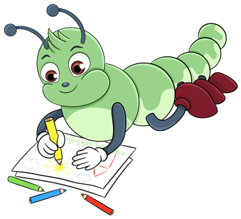 Die Raupe MAXI malt mit bunten Farben auf ein Papier.